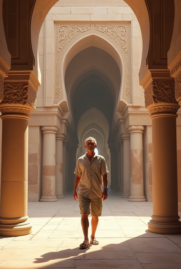 Man wearing summer shirt and summer shorts looking at Saadian Tombs very realistic giant