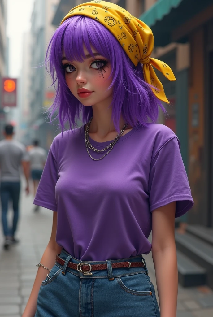 A BRUNETTE adult with completely PURPLE hair, a yellow bandana, a purple t-shirt and jeans, and a black eye.