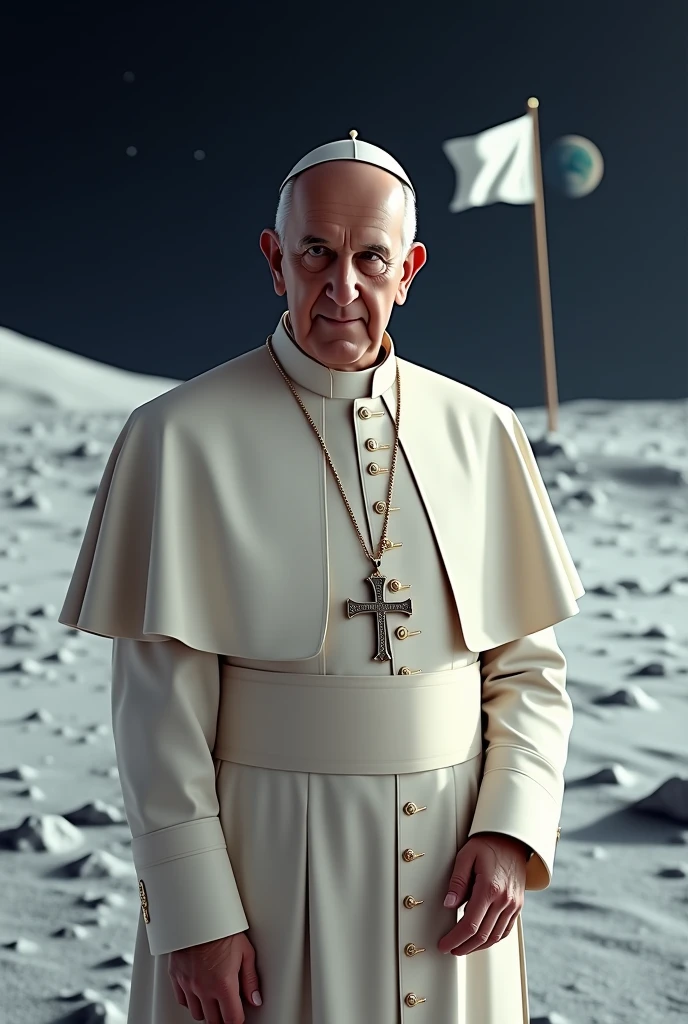 POPE FRANCIS REALIST STYLE, on the moon, WITH A COMPLETELY WHITE FLAG