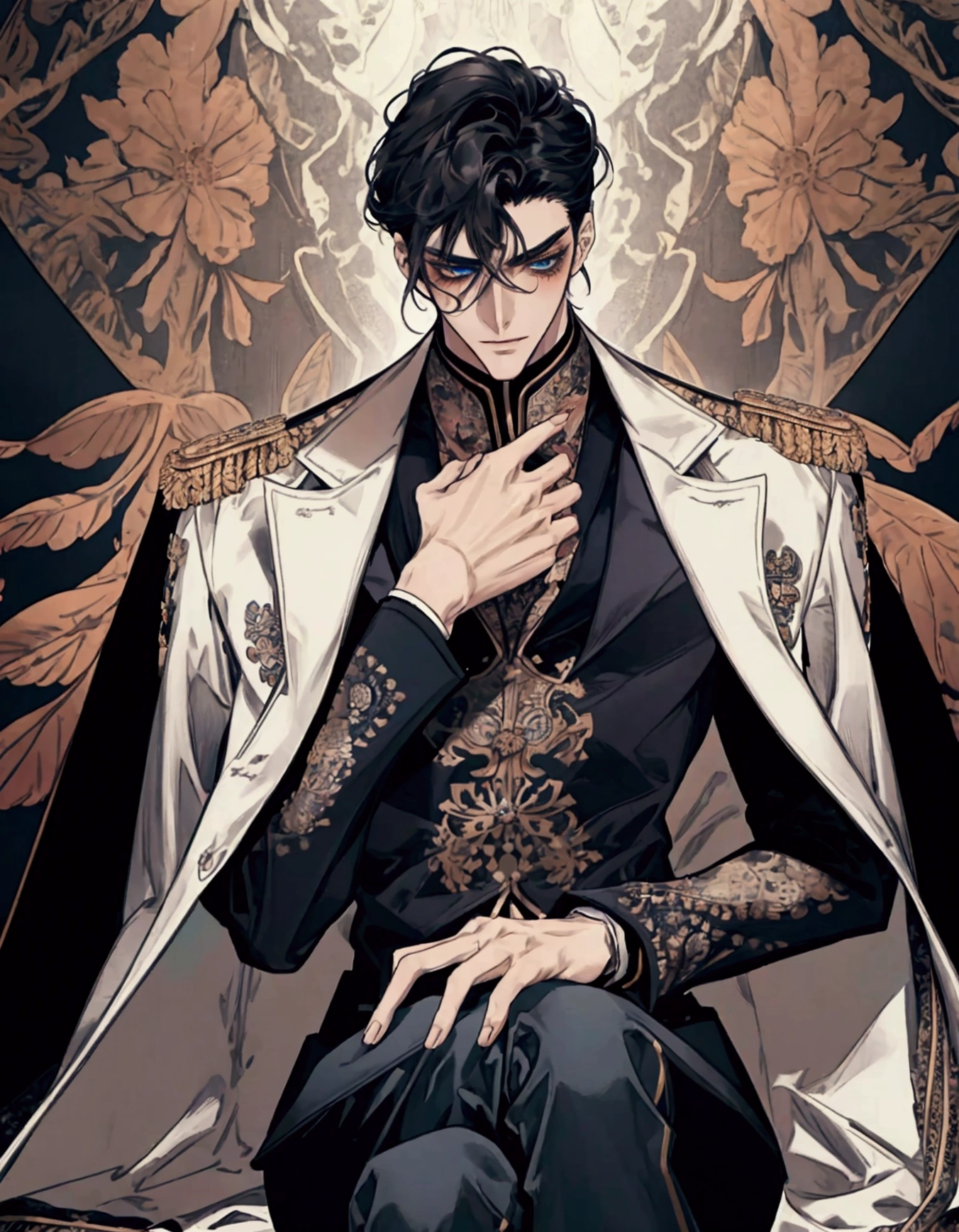 absurd, best quality, incredibly fine details, high resolution, everything intricate, masterpiece, many incredible layers, (((psych suit))), korean perm cut, stylized, psychiatric uniform, expressionless, viscolycra and silk fusion, white coat doctor, black sweater, brown belt, black skinny jeans, security, coquetry, alone, dominant pose, sitting, in a mental asylum, looking at viewer, medium angle, head-on, detailed surface texture, biceps enhancement, black hair, Grayish-blue eyes, slim and athletic body, tall and with masculine features, strong structure with broad shoulders, straight waist, greater muscle mass in an athletic appearance, marked abdominal muscles, attractive and beautiful, flirtatious and confident smile, blush on the cheeks and lips , adult male.
