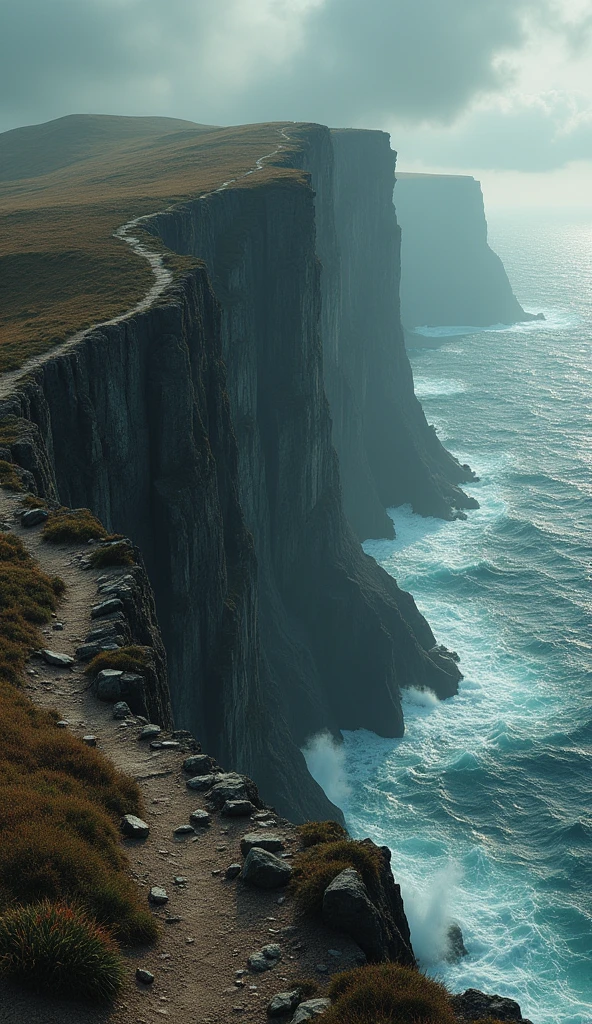 "A rugged path carved into the side of a steep cliff, overlooking a vast ocean. The sky is overcast, with dark clouds gathering on the horizon, and the wind whips through the sparse vegetation clinging to the rocky terrain. Far below, the waves crash against the base of the cliff, sending up sprays of white foam. The path feels remote and wild, offering a dramatic escape into nature’s raw beauty."