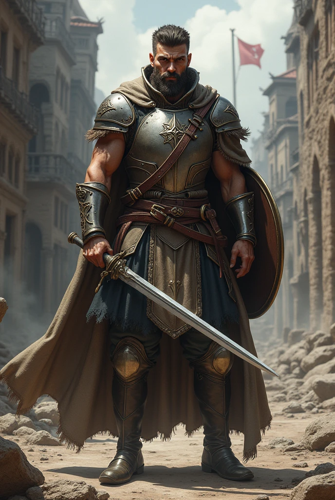 Warrior with a rapier in his left hand and a small round shield in his right, wearing a breastplate and an overcoat