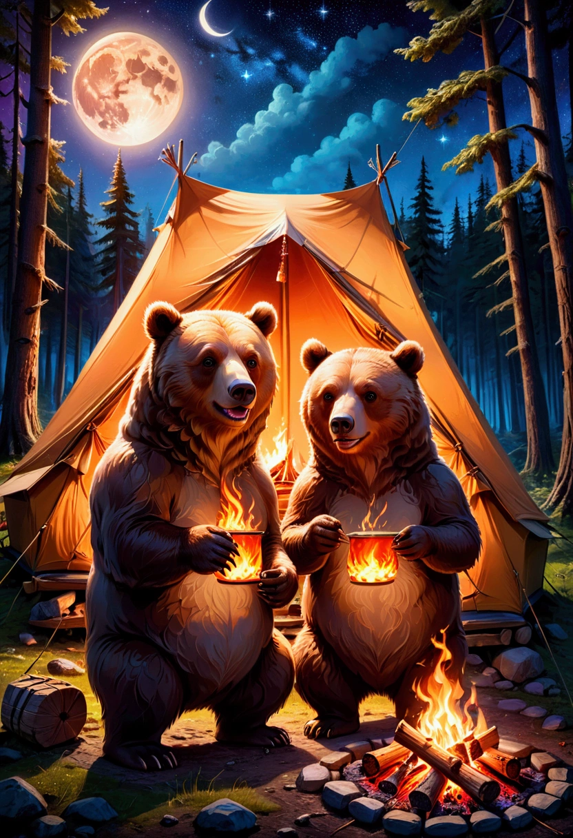 Brown Bear, 2 cute brown bears around a 🔥 cozy campfire roasting marshmallows, full moon and stars in sky, forest background with tent at campsite. 8k resolution trending on Artstation, vivid and deep colors, intricate detailed fantasy illustration, HDR, beautifully shot, sharp focus, megapixels, perfect composition, high contrast 3D, masterpiece, best quality, very aesthetic, absurdres