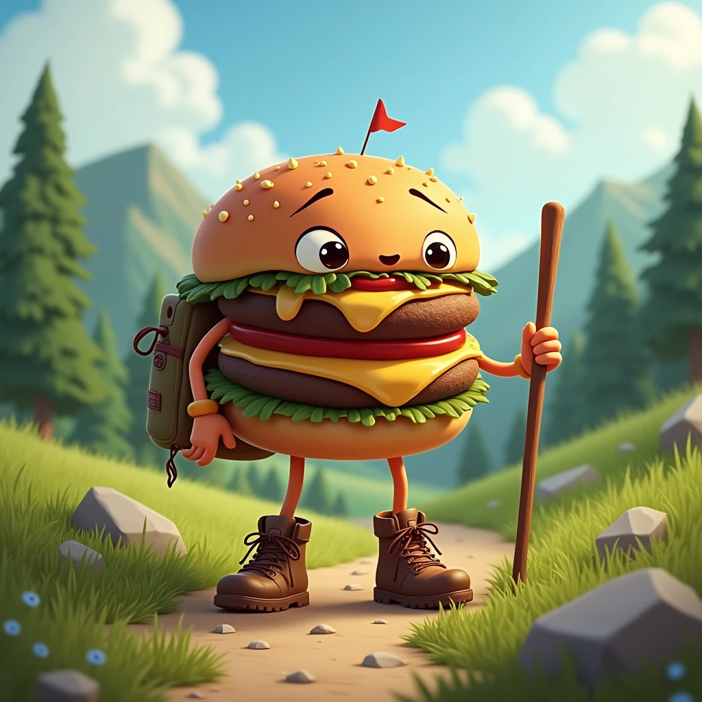 A hamburger with arms and legs wearing hiking boots and a wooden stick. 