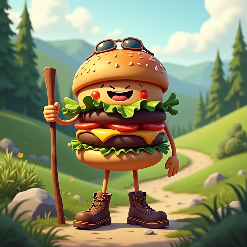 A hamburger with arms and legs wearing hiking boots and a wooden stick. 