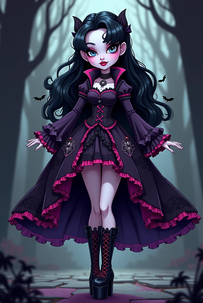 Create a redesign image for Draculaura [Monster High] using gothic and lolita style with gothic boots [Cartoon Style]
