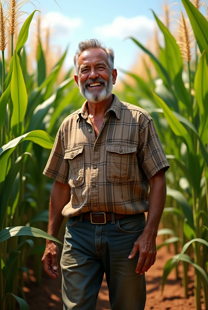 A Brazilian country man in a plaid shirt, in a corn field and smiling
