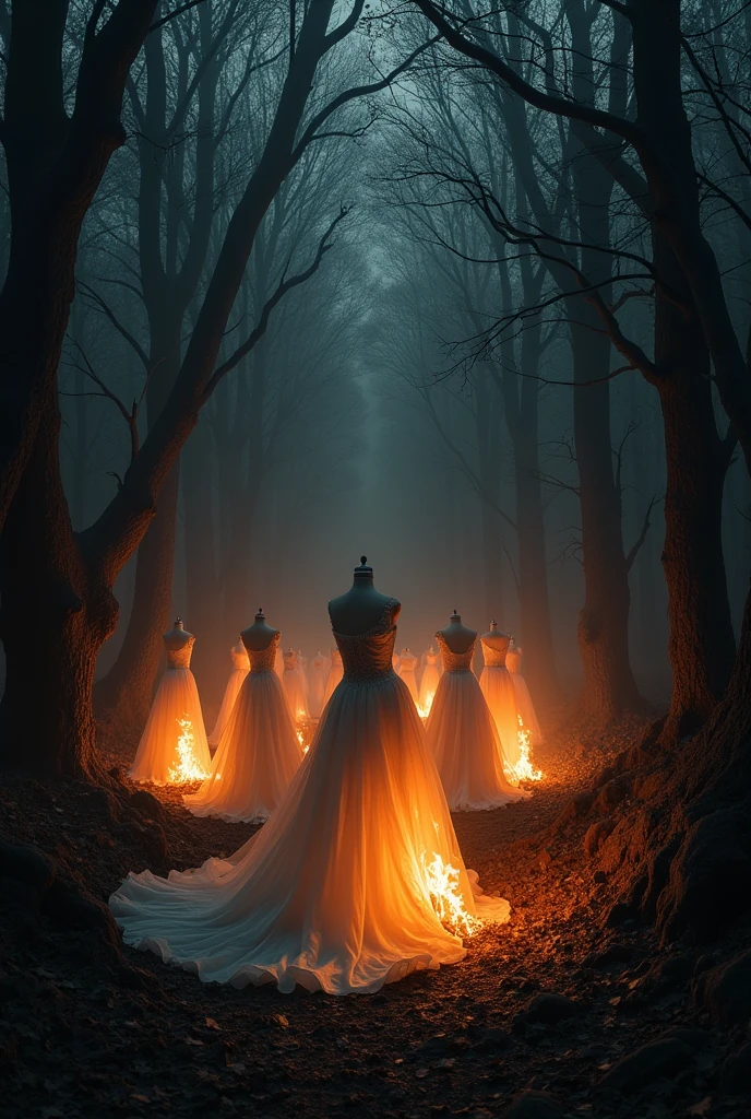 
Forest night scene in the background
Terrible environment all around 
Many wedding dresses are burning
