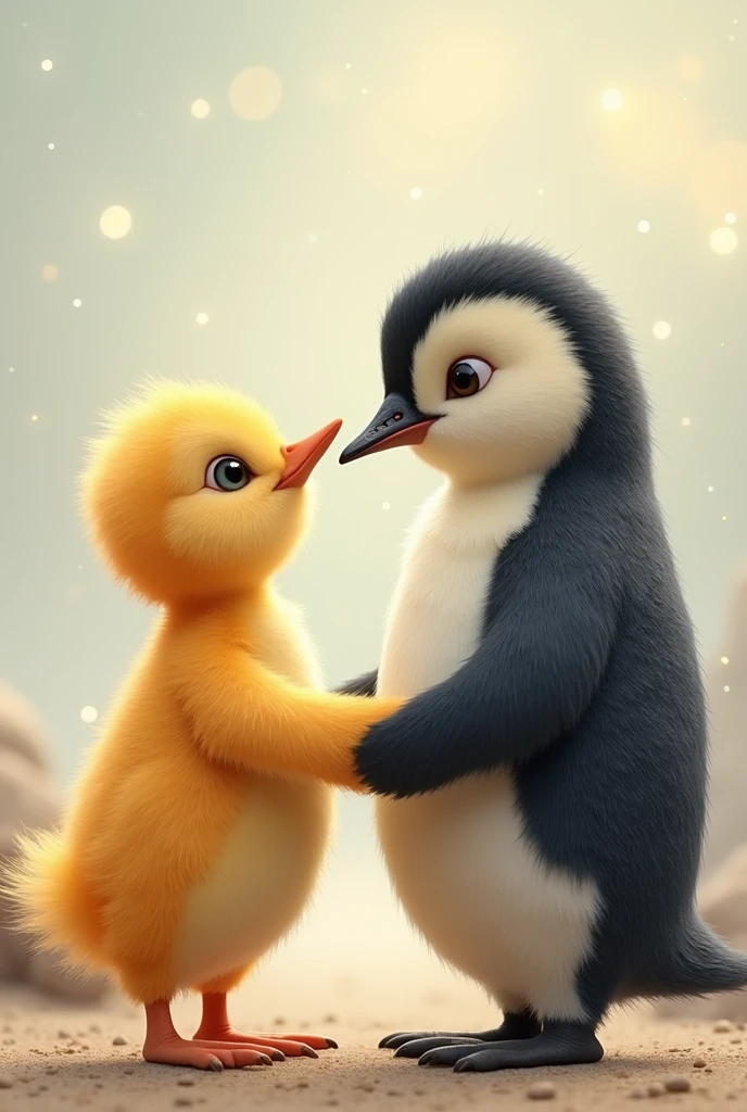 Couple of chick and penguin holding hands
Both equal heights 
A bit more realistic