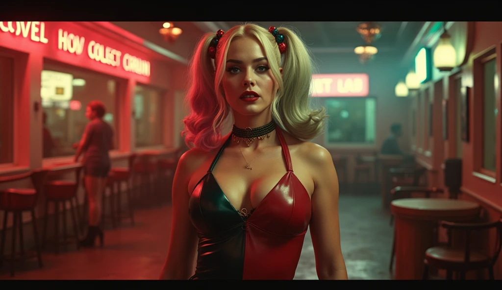 Screengrab of 1950's Super Panavision 70 movie. Retro in color, Harley Quinn in hot Dress, Bold Brest.