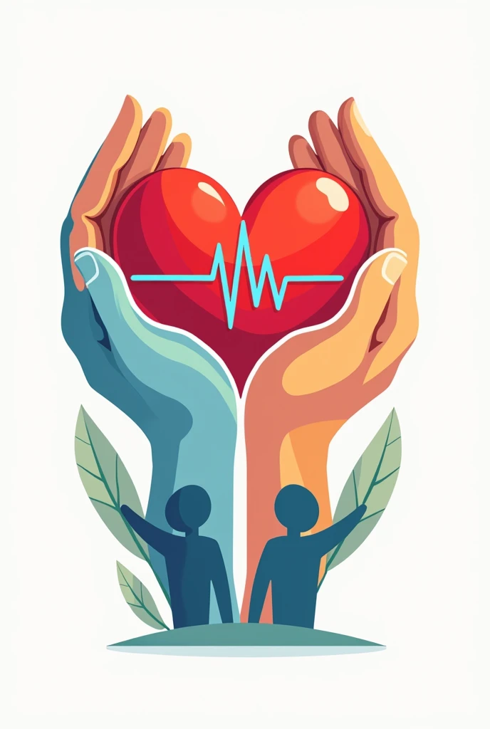 Medical care logo with hands holding a red heart with a blue lifeline in the center and grandparents below the hands