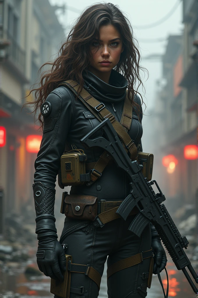 brunette girl, gross, long curly hair, Cyberpunk outfit, apocalipsisz armas