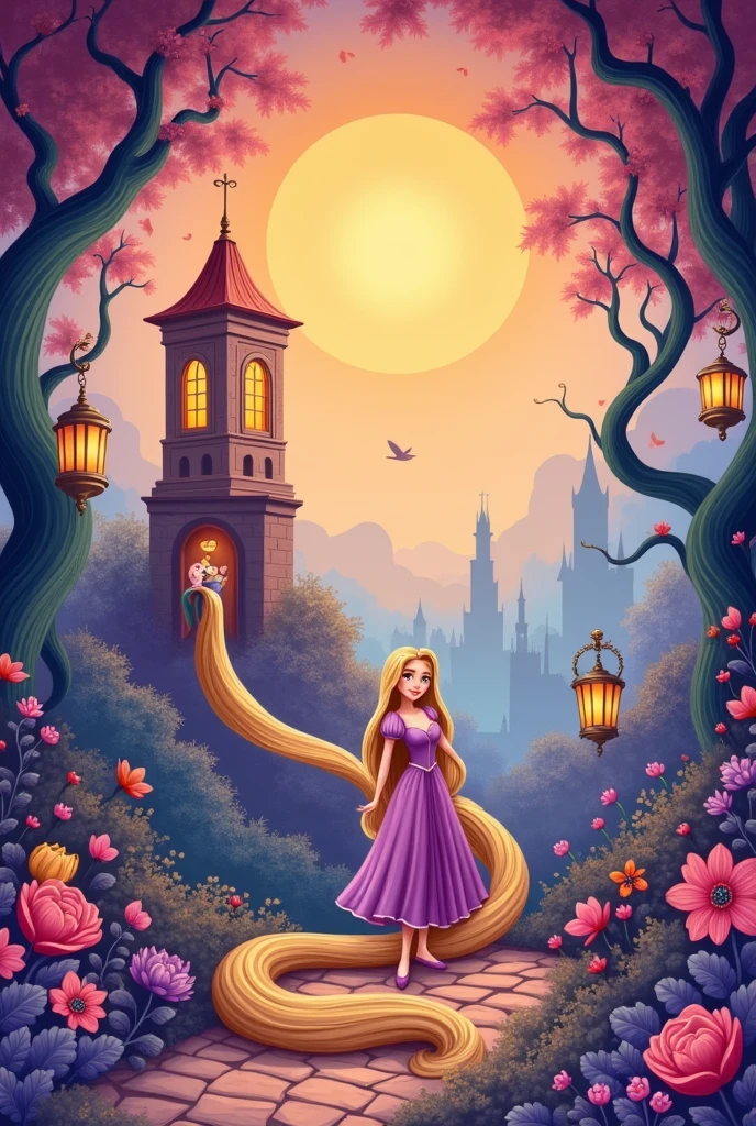 I want a wall painting for a baby&#39;s room, where the theme is the Disney movie Tangled the colors in focus are purple and yellow it can be simple, just a lot of symbols that refer to the film 