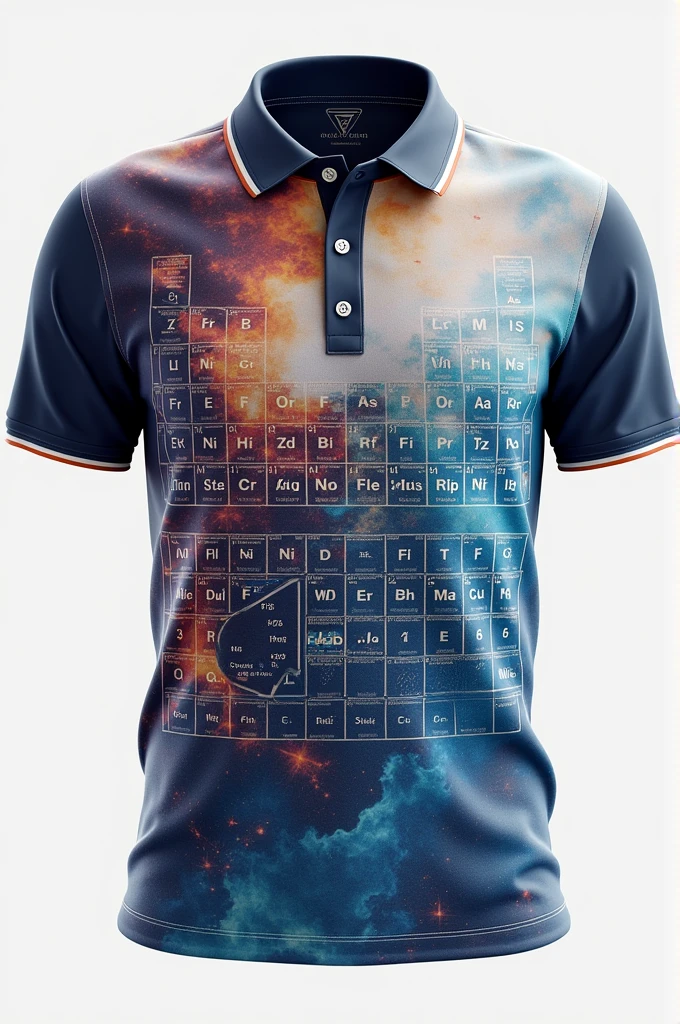 I would like you to create a sublimated polo shirt with nice colors. Not exaggerated, but with a design inspired by the periodic table, since it will be for chemistry teachers. It should have a round or V-neck without buttons.