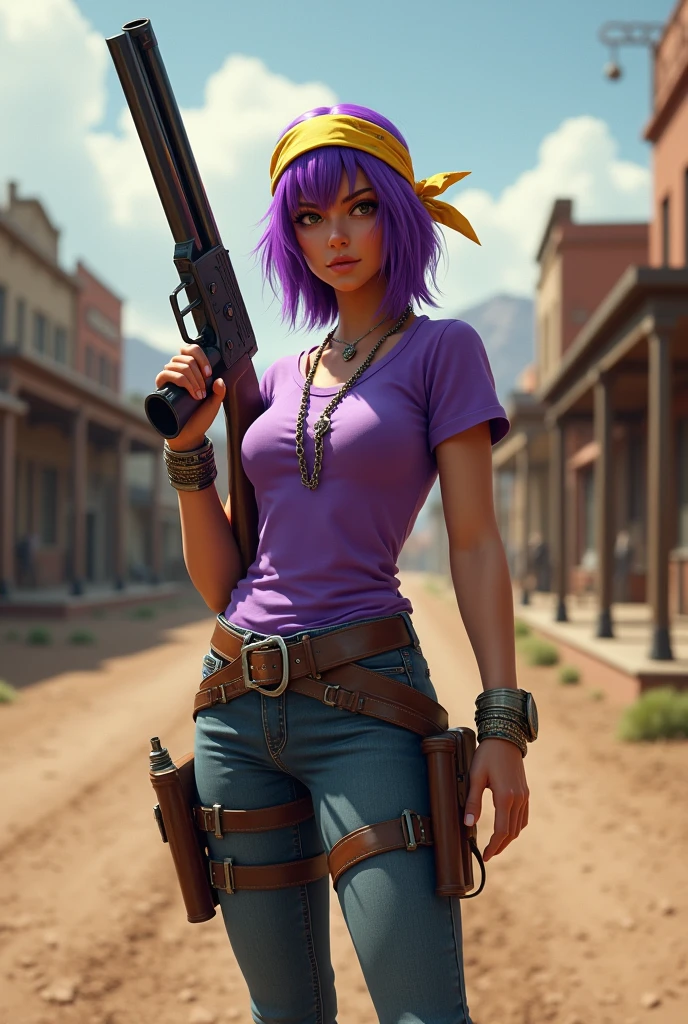 A BRUNETTE adult with completely PURPLE hair a yellow bandana purple t-shirt and jeans and black eye holding a shotgun in the old west