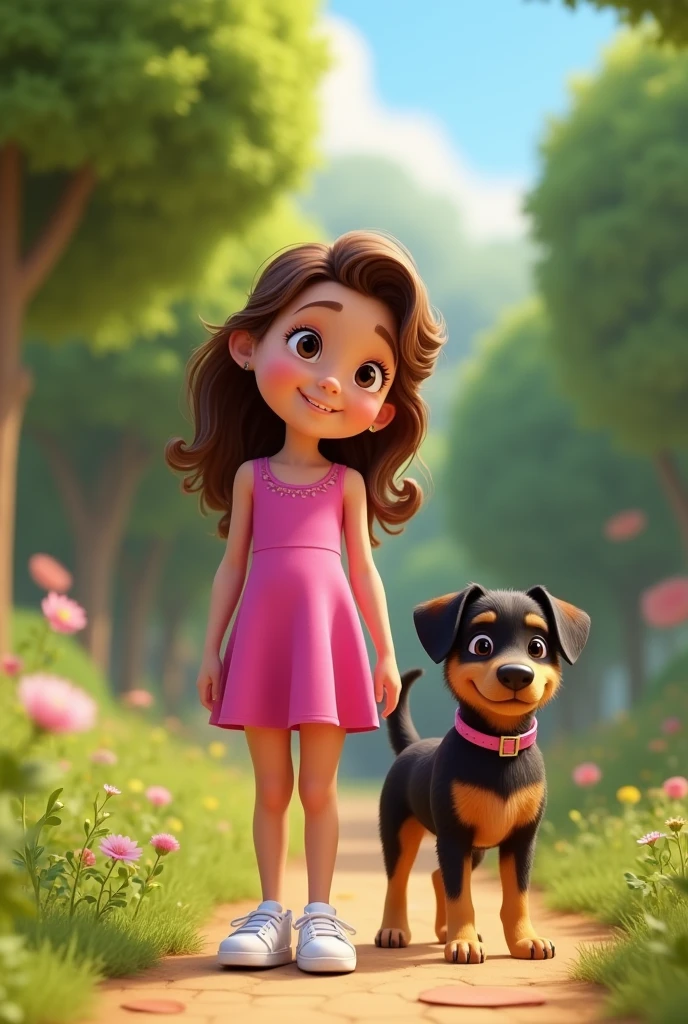 create a , disney pixar style, Wavy brown hair, skin fair, pink dress and white all star sneakers, in a park, with a little dog, black fur mixed with caramel, pink collar, 3d realistic style