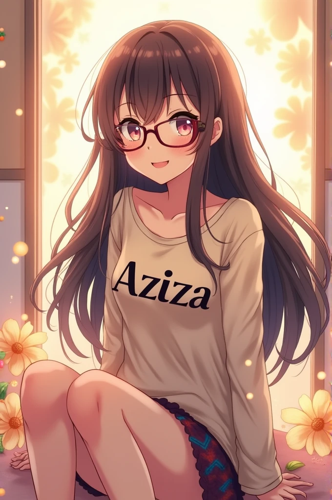 Generate me an image of beautiful girl with long hair and glasses and Aziza written on her shirt can be clearly seen and smiling and sitting in anime style 