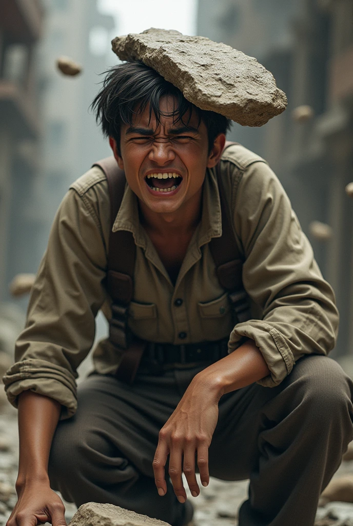 A stone hitting a young  man head and falls down from the side
