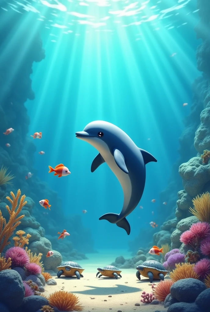 In the ocean, deep and blue,
A playful dolphin says, "How do you do?"
Turtles swim, so slow and grand,
While crabs go dancing on the sand.