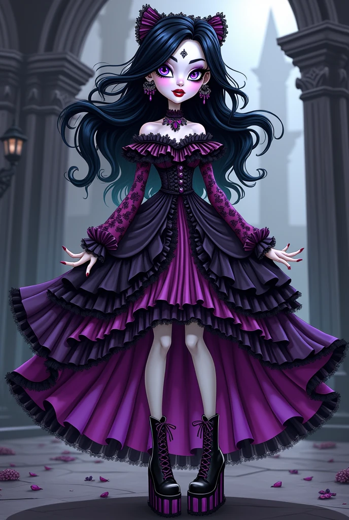 Create a redesign image for Draculaura [Monster High] using gothic and lolita style with gothic boots [Cartoon Style]