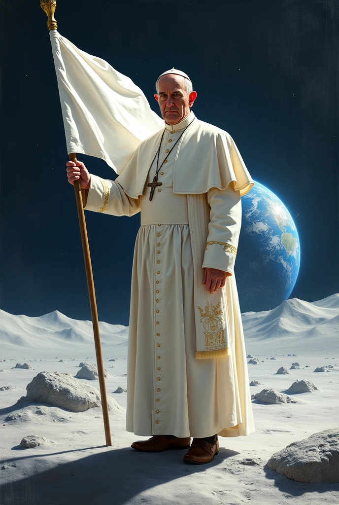 POPE FRANCIS REALIST STYLE, ON THE MOON HOLDING A COMPLETELY WHITE FLAG