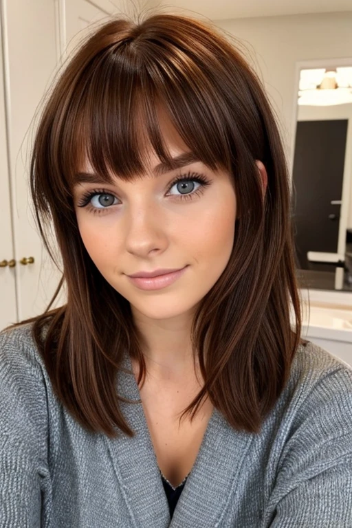 High detail, high quality, 20 year old European woman, dark short messy auburn hair, dimples, bangs, hazel eyes, pov