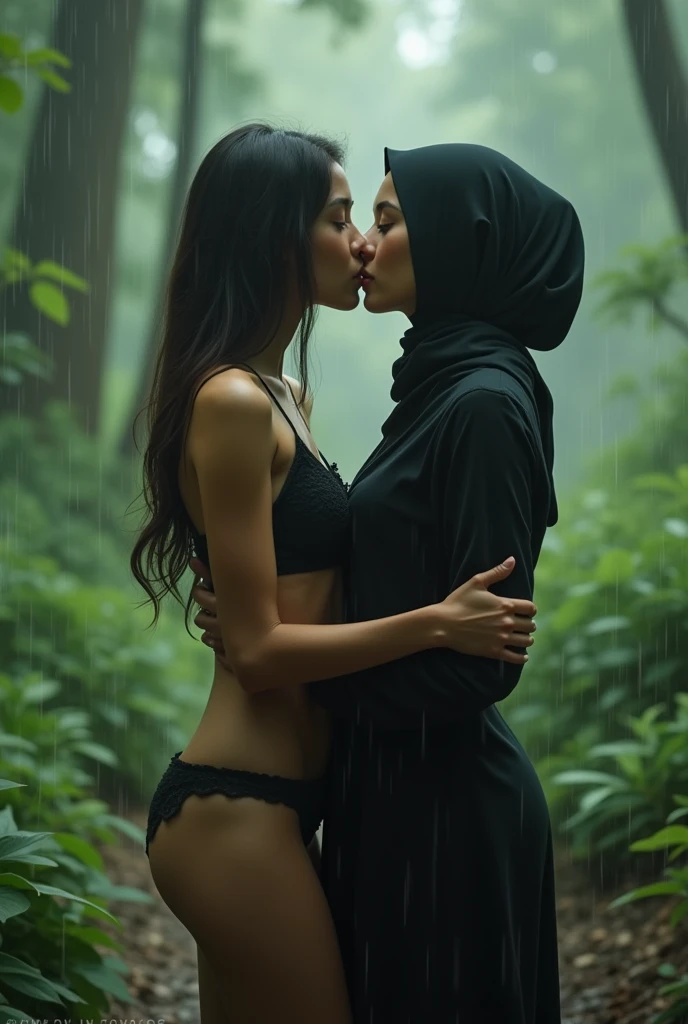 beautiful hijab asian lesbian girl laying down,bra and panties,in the Wood,kiss,lesbian sex,raining,medium breast,looking to the viewer,,pov : cunnilingus