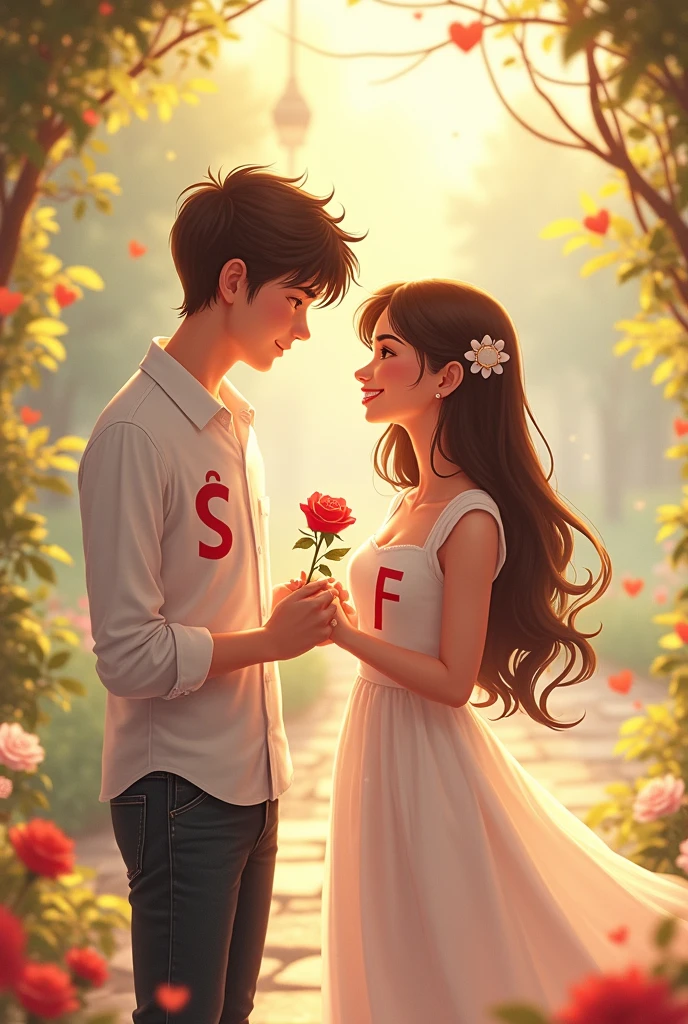 A beautiful boy propose a cute girl.the boy wear a white shirt and S letter on his shirt chest and the wear a white dress and F letter on his dress.the girls hear a rose
