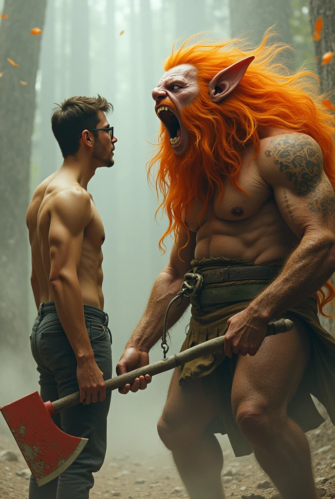 A naked short black hair guy with glasses near an orange long hair hobbit with a long orange beard with a red axe screaming “Goddsewy bro”.