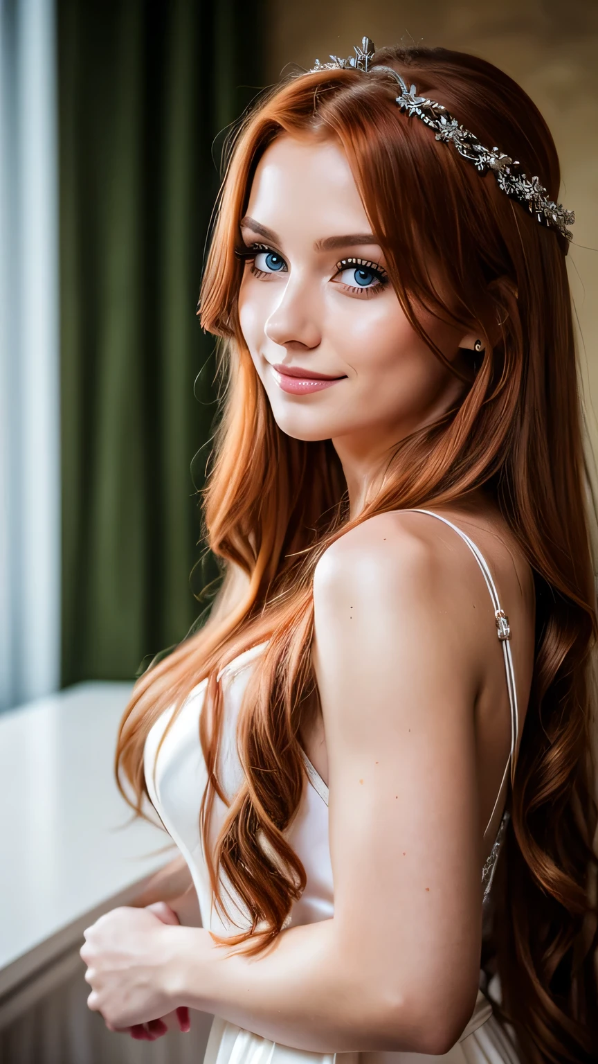 Realistic full body photo of a smiling, Young red-haired girl with long hair, She dances in front of the camera in a long A-line bridesmaid dress with straps made of shiny red satin., Park,glamour fotoshooting, Wedding celebration, perfect anatomy, perfect green eyes. Perfect hands with 5 fingers on each hand, Matching girl, look into the camera, 1 Frau. (Eye make up:1.1), (highly detailed skin:1.1), spirit, analog style, keen focus, 8K UHD, dslr, good quality, Fujifilm XT3, Grain, Award-winning, masterpiece. Wedding celebration