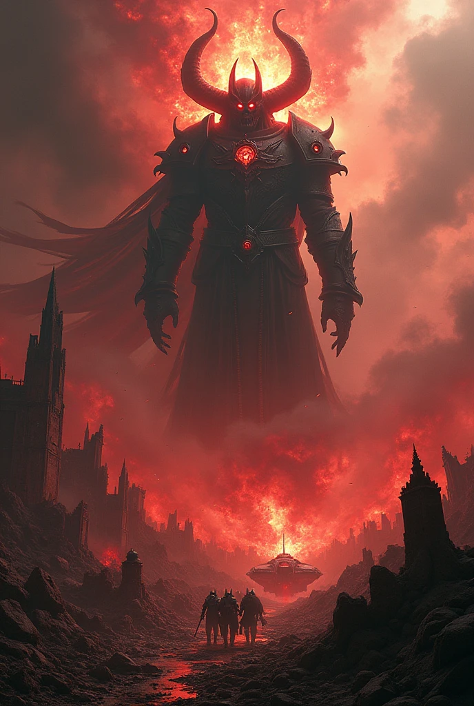 (front page) of Abaddon the Defiler destroying the planet Cadia with the black ship that bears the name of Dark Code