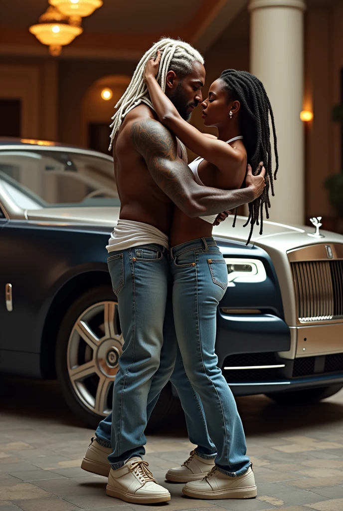 An African American with a masculine physique, cabelo dreads lock na cor branca, white undershirt, blue jeans, Qix sneakers, dancing with an african american woman, tattooed, muscular fitness, naked , de boxbraids, um Rolls Royce