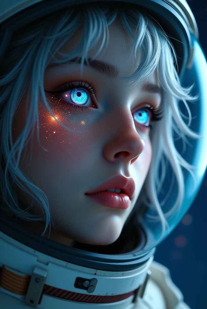 (Close-up of a better masterpiece:1.5)0.9], (Space and astronauts:1.2) (Messy silver hair:1.1) (Heterochromia xanthochromia and blue eyes:1.2) (Space Helmet:1.0) (Colored stars in the eyes:1.0) (A radiant glow:1.1) (thick lips:0.9)