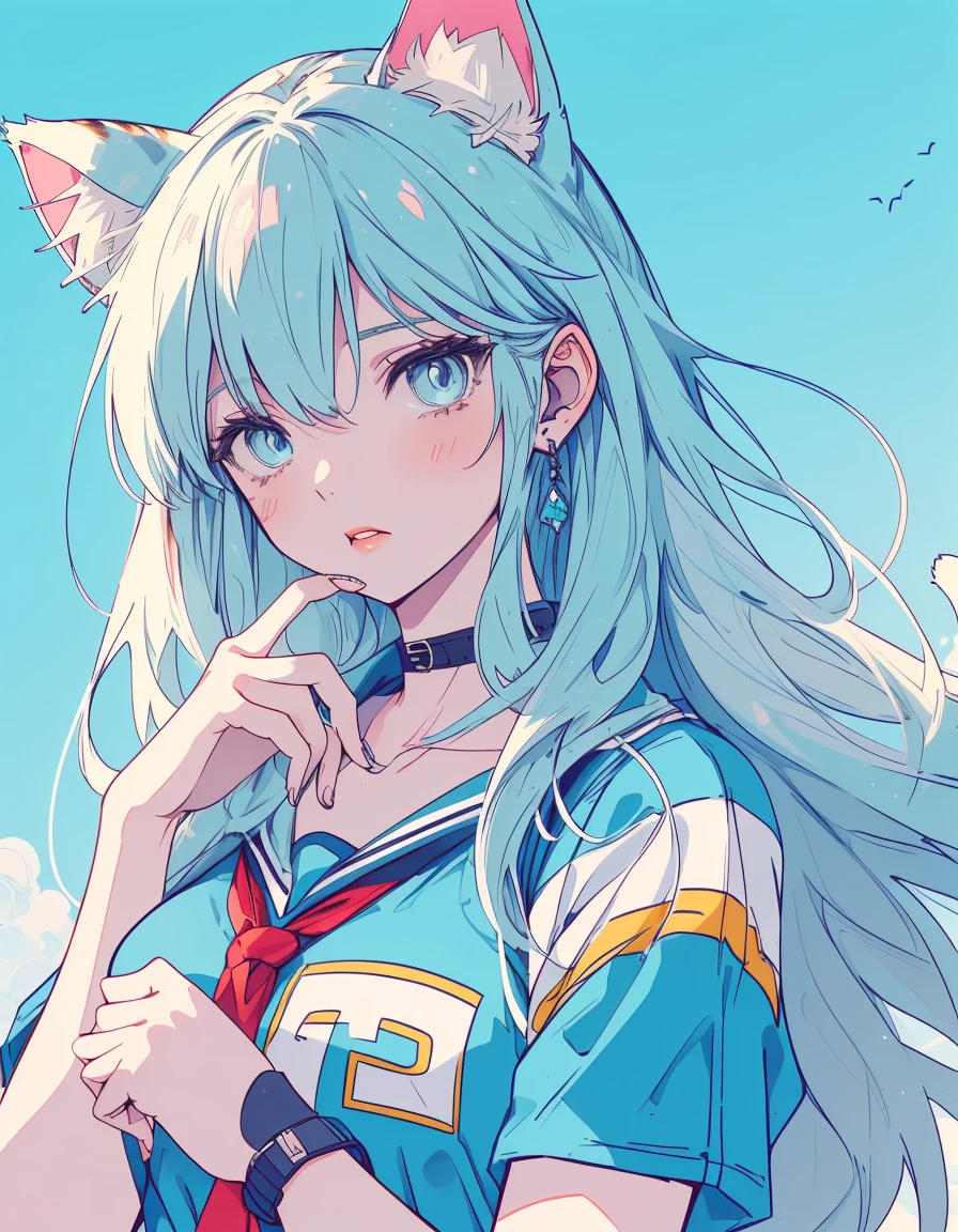sports uniform, ((masterpiece, best quality:1.5)), ((Beautiful detailed cat aqua eyes:1.2)), cat ears, pale skin, medium breasts, beautiful hands, beautiful fingers, EasyNegative