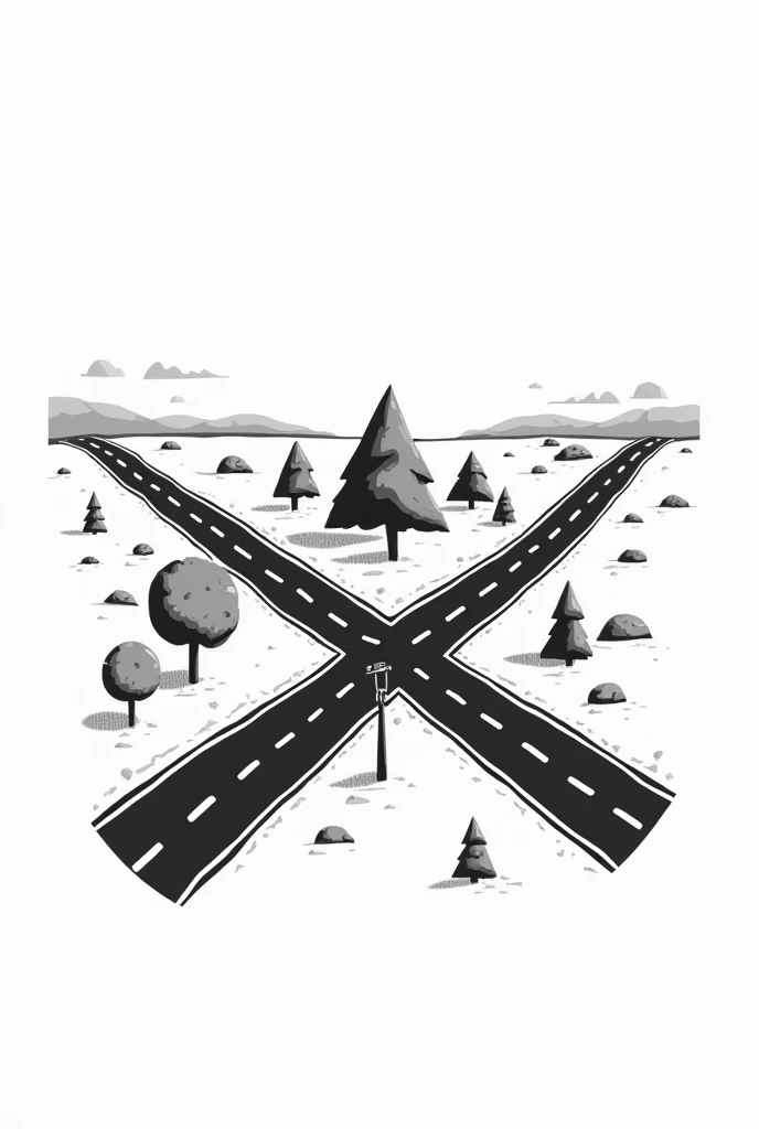 create a simple black and white vector illustration WITHOUT BACKGROUND of the junction of