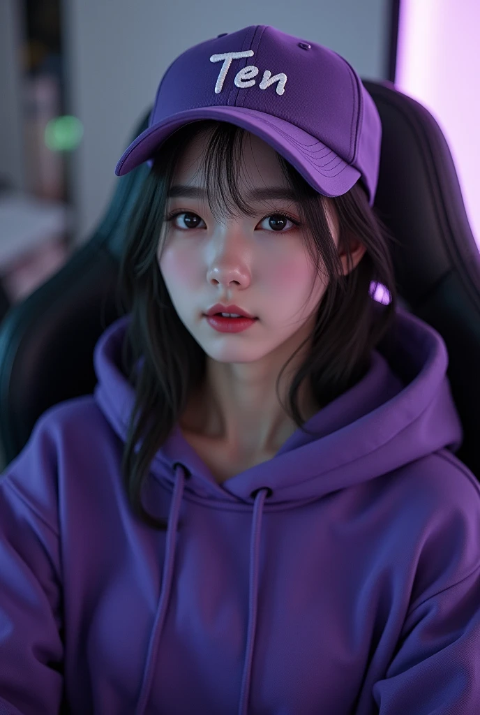 A beautiful white Korean woman sitting on a gaming chair wearing a dark purple polite hoddie while wearing a ball cap with a name on the hoddie " Ten "