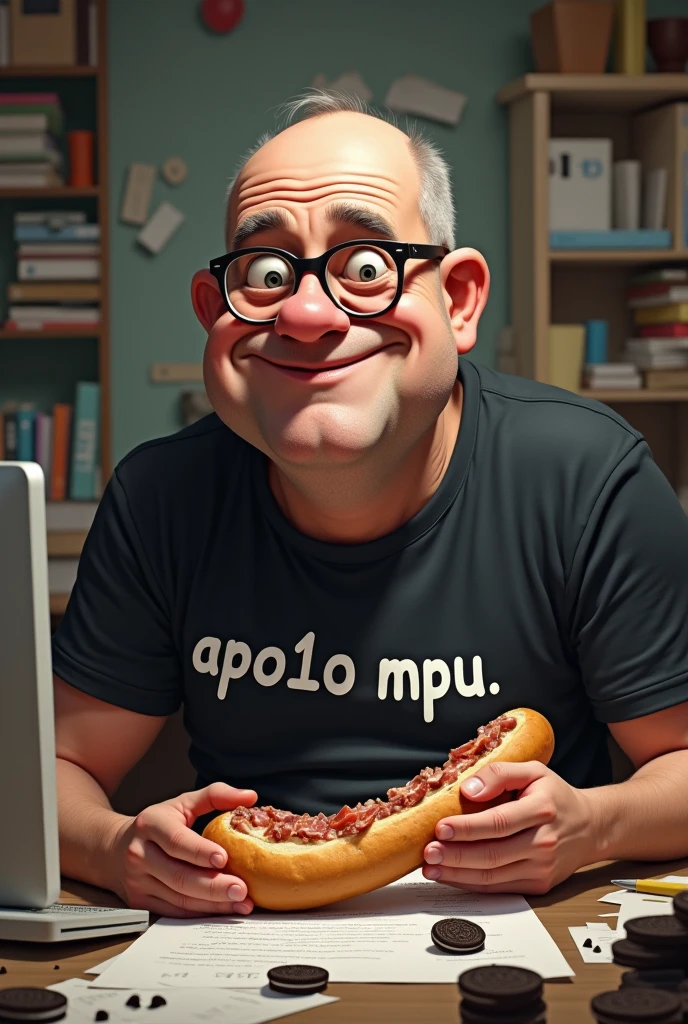 white male, aged 50, baldie, wrinkled face, cheeky, Scrawny, but very pot-bellied, wearing glasses and eating baguette with lots of ham. Sitting behind a rather messy desk with a computer, stacks of papers, Oreo crumbs and cookies. Wearing a black shirt with the following phrase: APO1O MPU. sem beard, no beard. SMOOTH FACE