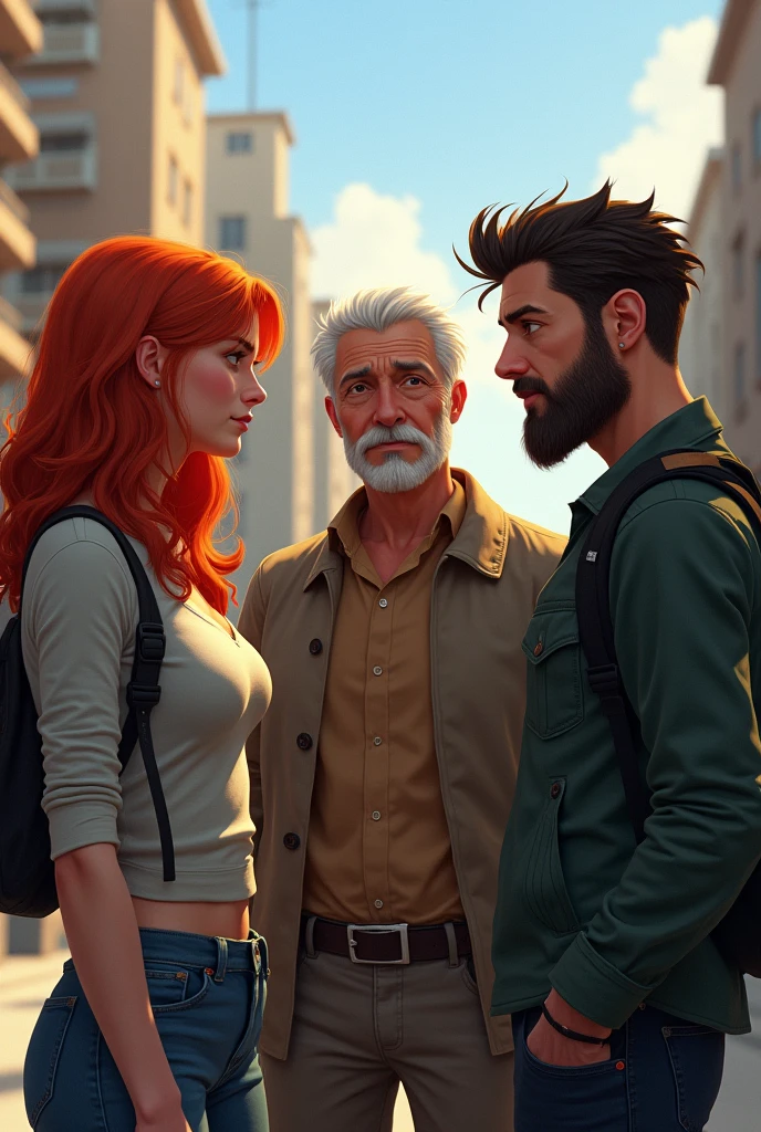 A redheaded woman a guy a , one and a teenager 

