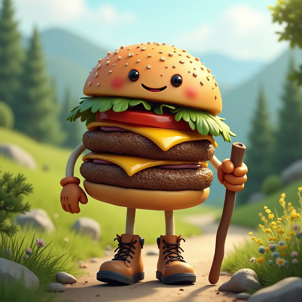 A hamburger with arms and legs wearing hiking boots and a wooden stick.