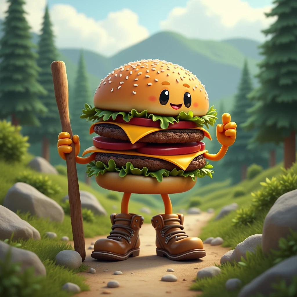 A hamburger with arms and legs wearing hiking boots and a wooden stick.