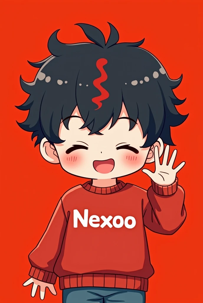 Create pictures of a boy who has curly hair and a red stripe in the front and the design should be like an anime message, the background should be bright red, he also has a red sweater with Nexoo written on it and a red stripe in the front of his curls and he should have his eyes closed so cutely that he should wave