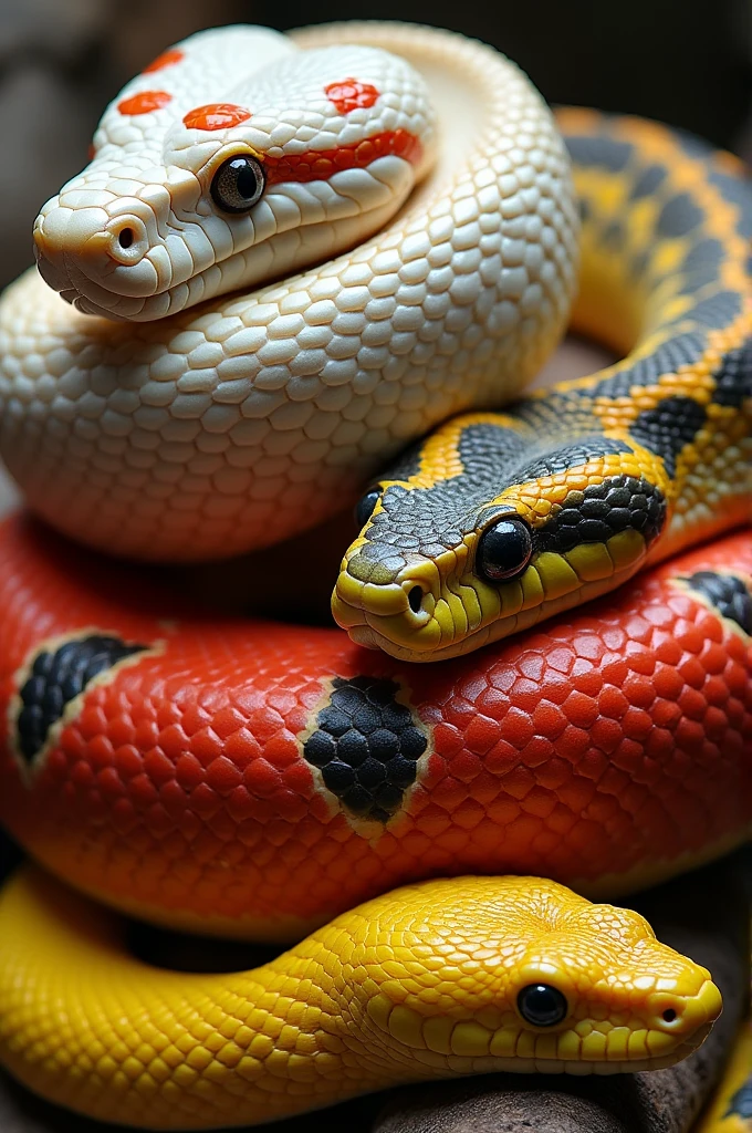 1: Copperhead mostly white with red mark ( you can pick the design ) or yellow and red lead snake 2: cotton menath olive and neon yellow . 3: timber Rattlesnake Orange steak on the top brings red body . 4: coral red yellow black horizontal . 5: Eastern Diamondback rattlesnake yellow with red spots or stars .