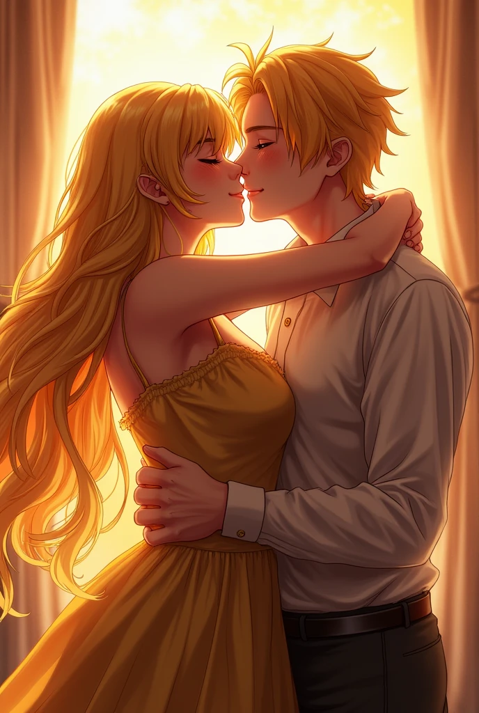 Himari is a hashira. She has long, wavy hair. The color is golden and the tips are orange. Her eyes have eyelashes that form an outline and the color of her eyes is amber, like the sun and sunflowers. She has big breasts. She was kissing her boyfriend intensely.
