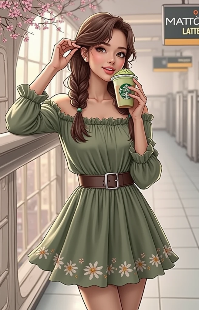 beautiful brunette model with braided loose pigtails, sipping on an iced matcha latte, near the subway in the middle of NYC