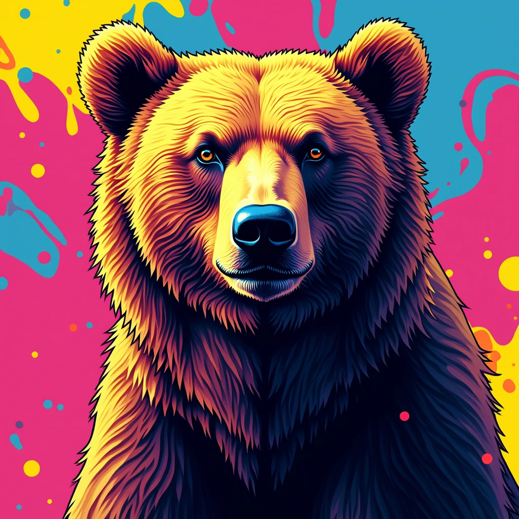 Brown Bear, Pop Art Style。Bright colors,Clear outline,Pop culture theme, (best quality, masterpiece, photorealistic), very aesthetic, perfect composition, intricate details, ultra-detailed, vivid colors