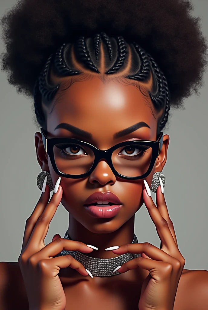 Create an angry female sex emoji, with mixed race features
afro braided hair, diamond earrings, acrylic nails, glasses from the eighties. 