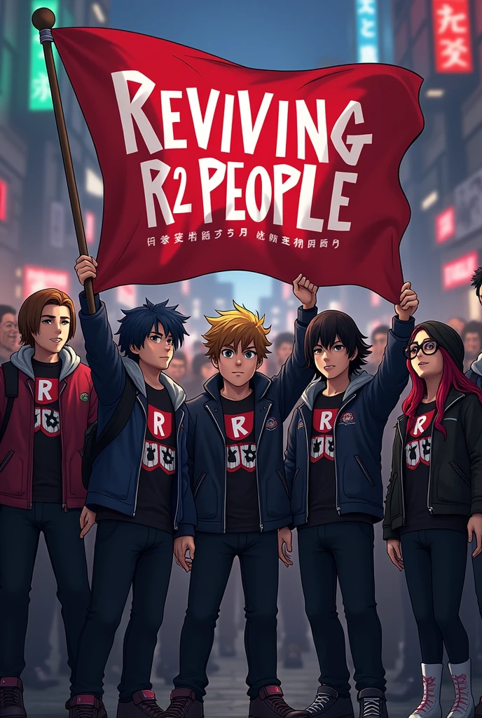 An image of people with a flag saying REVIVING R2 people from the roblox game and wearing gang clothes from the anime tokyo revenger 