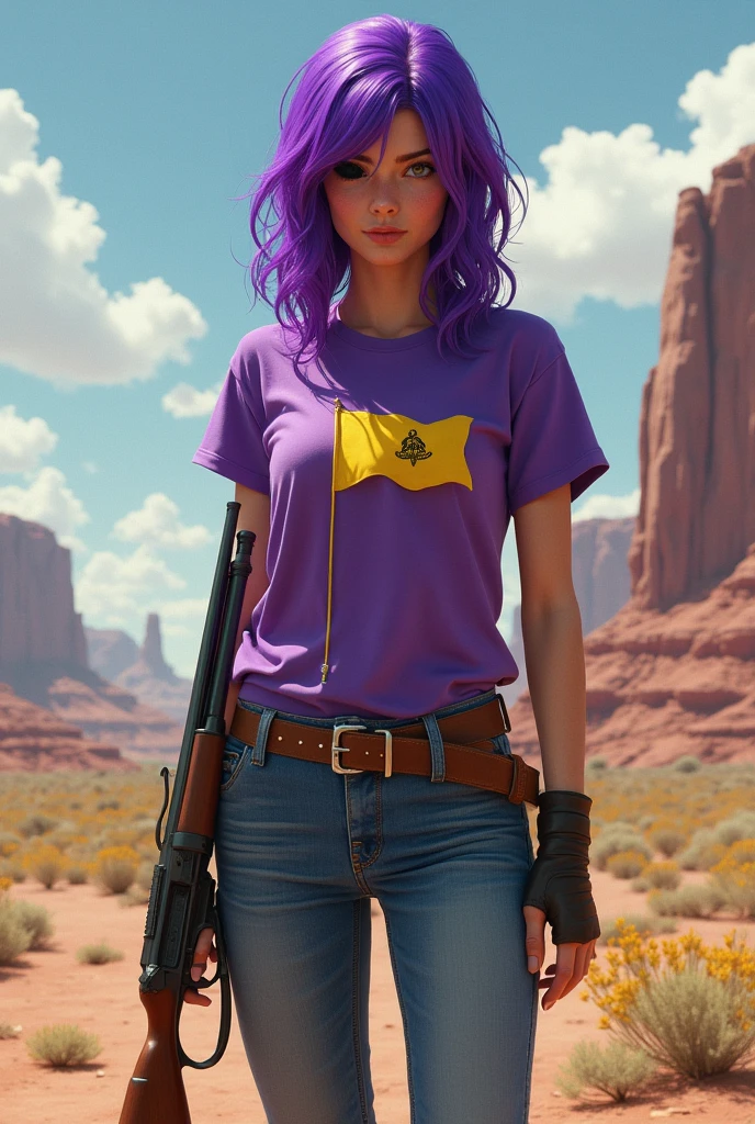 A BRUNETTE adult with completely PURPLE hair, a yellow flag, a purple t-shirt and jeans, and a black eye, holding a shotgun in the old west
