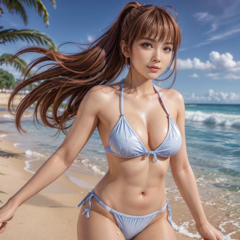 kasumi, eyes browns, (best qualityer, ultra detail), (realisitic:1.37), beautiful and detailed face, ultra-realisitic texture, Exquisite face, Delicate body, red lipgloss stick, shiny colors. High definition, 8k, expression a slight cute smile