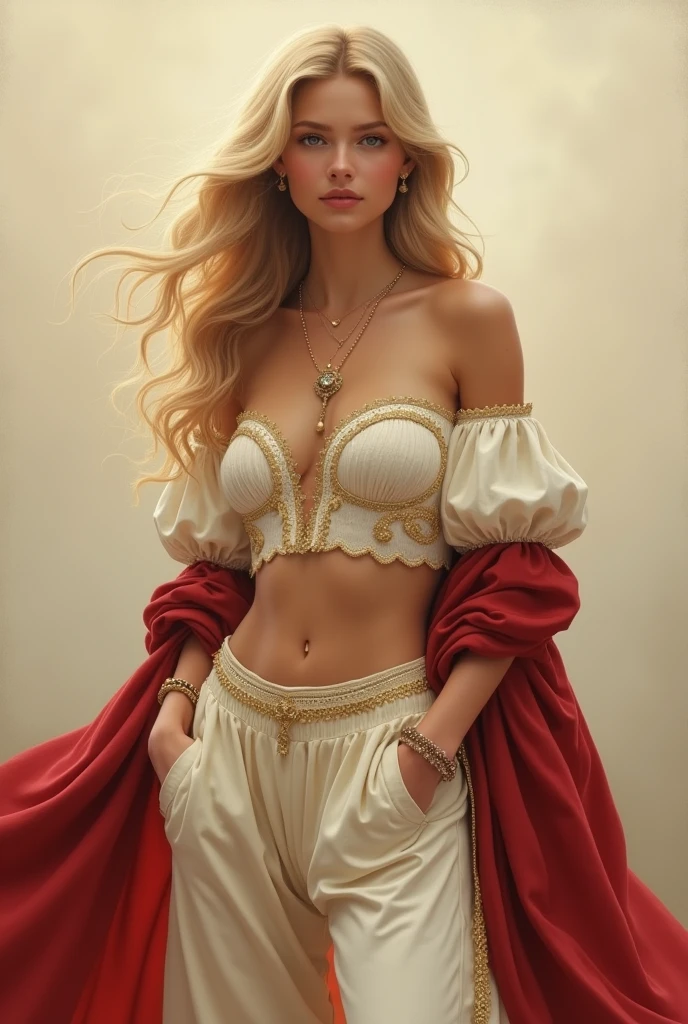 A acrylic on canvas style digital painting depicts a young woman standing gracefully against beige cloudy foggy background, Her outfit consists of an off-shoulder ivory-colored Puff Sleeve Crinkle Crop Top, adorned with intricate gold embroidery and lace trim along the edges. The top features a deep neckline with very low hip ivory-colored harem pants that drape elegantly around her waist. A flowing red cloak with gold-trimmed edges drapes . She has long, flowing blonde hair that cascades over her shoulders, with soft waves creating gentle highlights. She wears a delicate gold bracelet on her left wrist and matching earrings. The woman's necklace consists of small beads and a prominent pendant at its center.  Her expression is serene and slightly parted lips, with her eyes looking directly at the viewer. The lighting is soft and diffused, coming from the left side, casting gentle shadows and highlights that accentuate her features and the textures of her clothing. The overall mood is regal and serene.